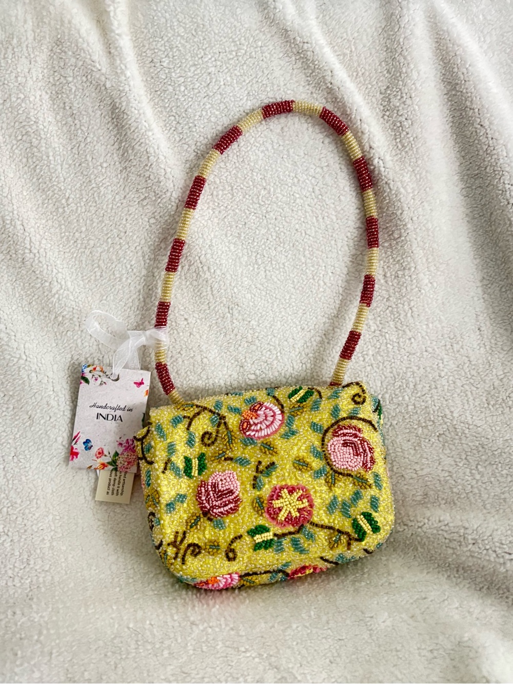 Handcrafted Yellow Beaded Mini Bag with Floral Embroidery